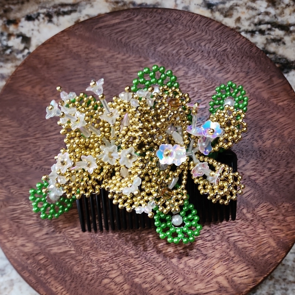 HANDMADE Elegant Gold and Green Floral Hair Comb
